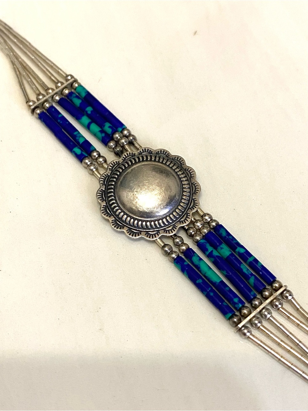 Vintage Sterling Silver Liquid Silver Azurite Native American Bracelet 925